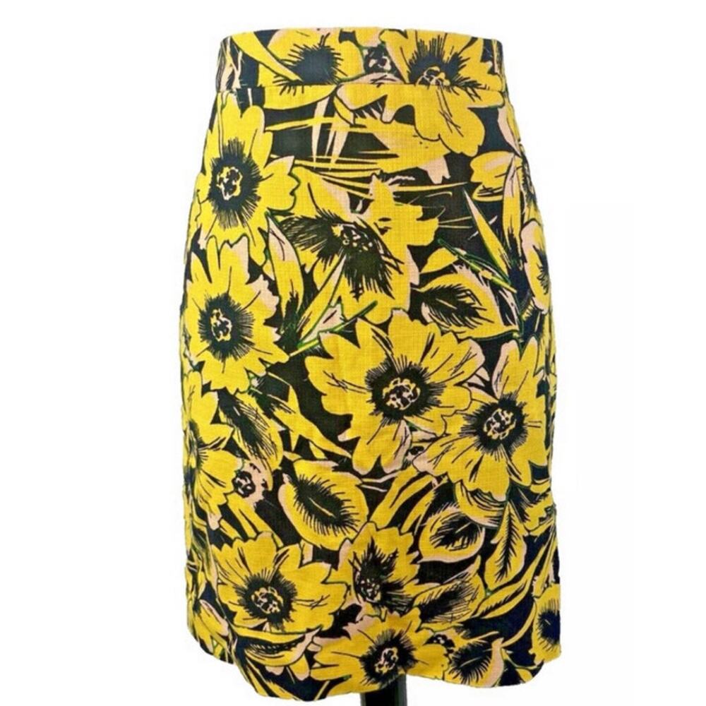 J CREW Pencil Skirt sz 2 Sunflower Woven Yellow Floral Print Art Spring Preppy